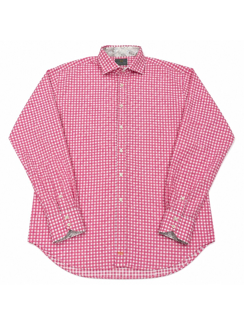 Thomas Dean Men’s L Pink White Gingham Shirt Paisley Flip Cuff Cotton